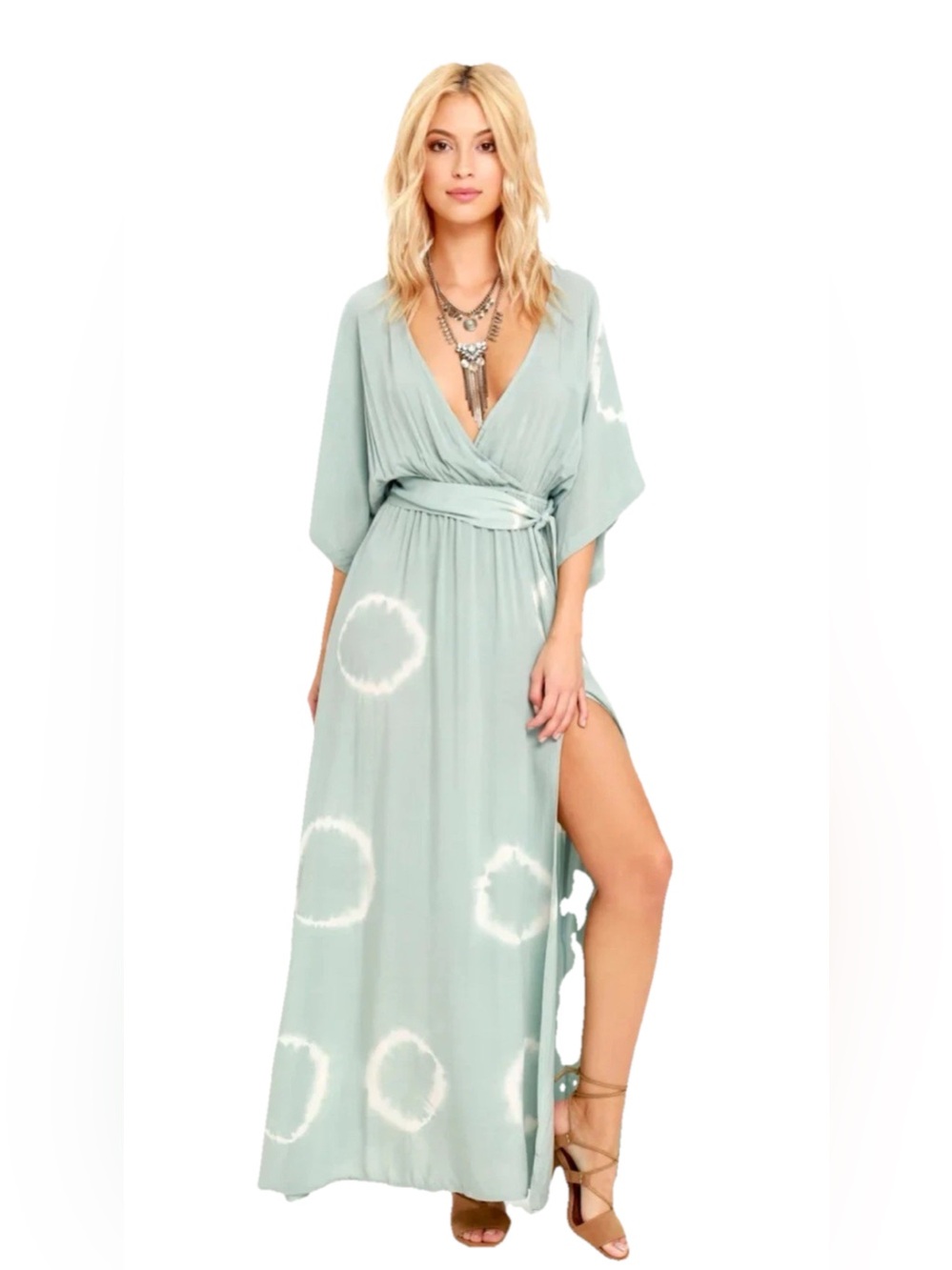 NWT Lulu's Long Live Love Sage Green Tie-Dye Wrap Maxi Dress - XL - Picture 2 of 11